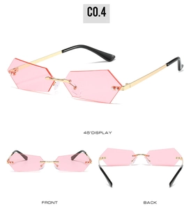 Detailed views of rimless geometric sunglasses with pink lenses and gold metal temples