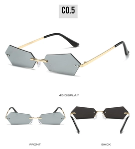 Multi-angle view of rimless geometric sunglasses with gradient lenses and gold temples