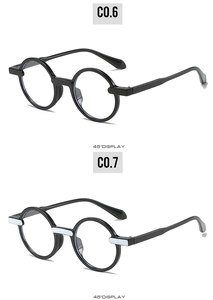 Detailed 45-degree view of retro round frames with metallic silver accents, models C0.6 and C0.7