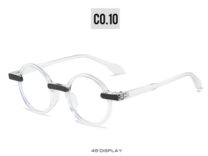 Detail view of transparent round frames featuring sleek black metal stripe accents