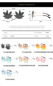 Detailed size chart for leaf-shaped sunglasses with frame dimensions and color options