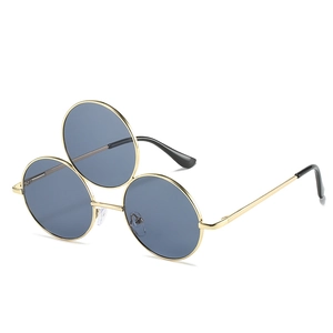 Creative Chinese style three-lens round sunglasses with gold frame and blue-gray lenses
