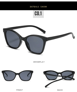 Vues détaillées de lunettes de soleil œil de chat noires avec verres gris et monture polie