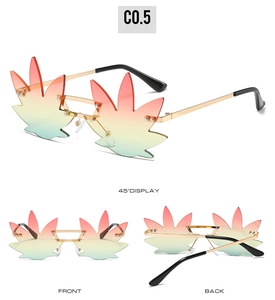 Detail view of leaf-shaped rimless sunglasses with three-color gradient lenses and gold frame