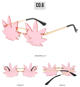 Multi-angle view of rimless leaf-shaped sunglasses with pink lenses and gold metal frame
