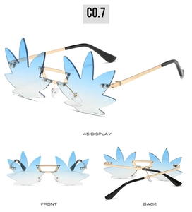 Detailed views of leaf-shaped creative sunglasses with blue gradient lenses and gold frame