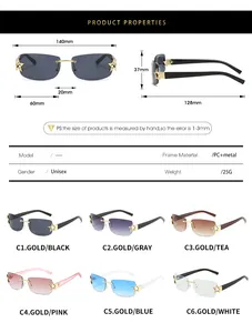 Size chart showing rimless square Y2K sunglasses dimensions and six color variants