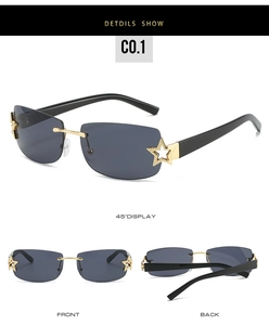 Three-way view of rimless square sunglasses with gold star hinges and dark lenses