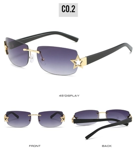 Detailed views of rimless square Y2K sunglasses with purple gradient lenses and star accents