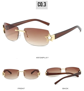 Detail view of rimless square sunglasses with brown gradient lenses and star accents