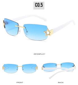 Close-up of rimless square sunglasses with blue gradient lenses and gold star detail