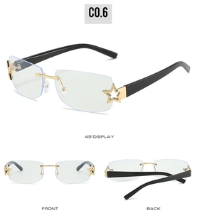 Three-angle display of rimless square sunglasses with blue lenses and star detailing