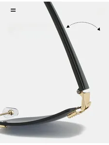Detail of durable gold M-shaped metal hinge on rimless Y2K square sunglasses