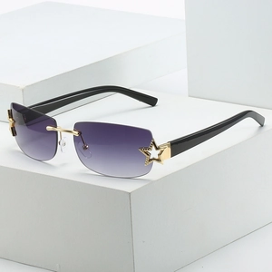 Rimless square Y2K sunglasses with purple gradient lenses and gold star metal details