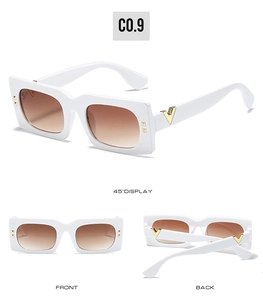 Vue triple de lunettes de soleil blanches avec accents métalliques en V dorés et rivets