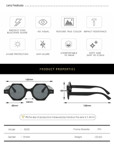 Dimensions détaillées des lunettes hexagonales 5628 avec cadre PC UV400