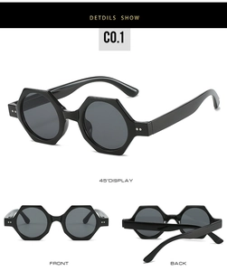 Vue en trois parties montrant l'avant et l'arrière de lunettes de soleil hexagonales noires