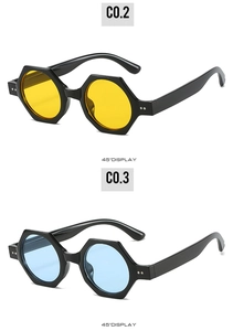 Vue détaillée à 45 degrés de lunettes de soleil hexagonales avec verres jaunes et bleus