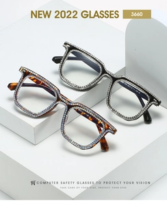 Detail view of square rhinestone frames with 3660 model engraving on the inner temple