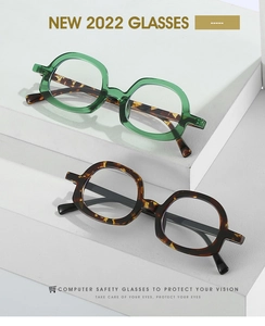Close-up of retro square computer safety glasses with green and tortoiseshell frames