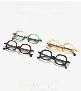 Four pairs of stylish square and round glasses frames in green, tortoiseshell, and yellow