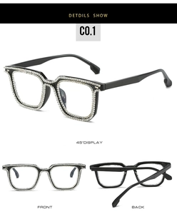 Detail of square black glasses frame with rhinestones showing 45-degree and front views
