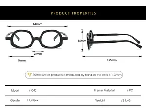 Detailed size guide and technical specifications for square PC frame glasses