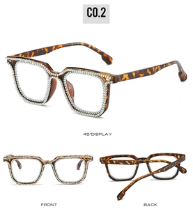 Detailed views showing square tortoiseshell frames with sparkling AB rhinestones