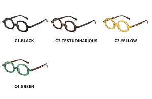 Selection of retro square frames in black, tortoiseshell, amber yellow, and forest green