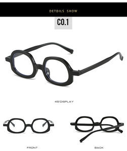 Three perspectives of bold black square glasses showing frame texture and hinge details