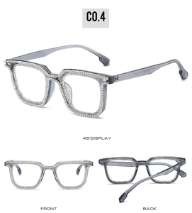 Three-angle view of square grey translucent frames with detailed rhinestone embellishments