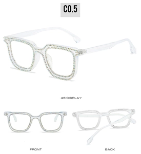 Detailed views of transparent square glasses frame with colorful double-row rhinestones
