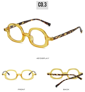 Three angles of square eyewear frame showing amber front and tortoiseshell temples