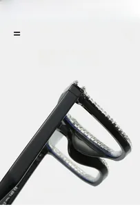 Detailed close-up of square glasses frame with sparkling rhinestones and CE marking