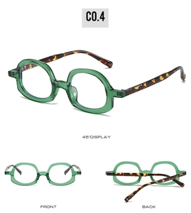 Detail view of square green optical frames with tortoise temples in 45-degree and front shots