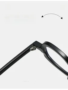 Detail of durable metal hinge on black square glasses frame for thousand-fold usage