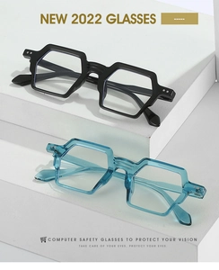 Détail de montures de lunettes hexagonales surdimensionnées avec filtre de lumière bleue