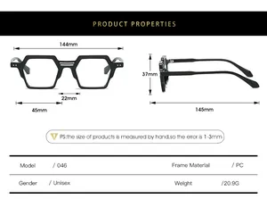 Tableau des tailles pour lunettes géométriques unisexes avec détails du matériau en PC