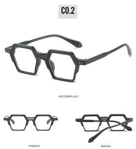 Vues avant, latérale et arrière de montures hexagonales épaisses noires pour lunettes de vue