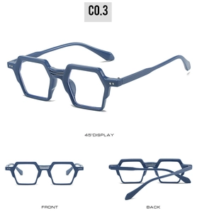 Vue détaillée sous trois angles de montures hexagonales bleu foncé en acétate haute brillance