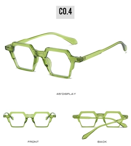 Trois vues de monture de lunettes hexagonale vert olive transparent en finition polie