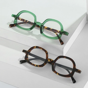 Square retro eyewear frames in translucent green and classic tortoiseshell finish