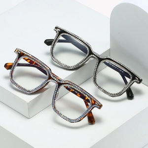 Luxury square frame glasses in black and tortoiseshell with sparkling rhinestone embellishments