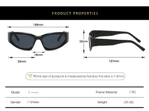 Tableau détaillé des tailles de lunettes de soleil œil de chat Y2K en millimètres