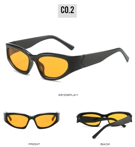 Vue en trois angles des lunettes de soleil œil de chat avec monture noire et verres orange