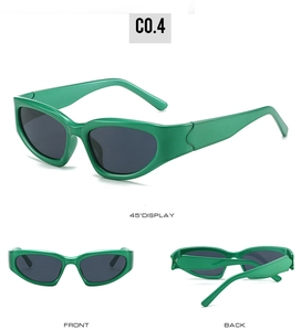 Vue en trois angles de lunettes de soleil œil de chat vertes avec verres foncés style Y2K