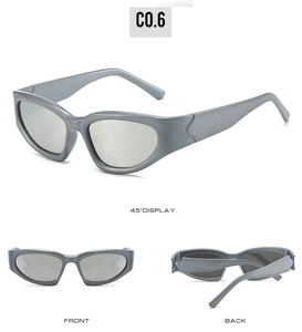 Vue en trois plans de lunettes de soleil sport Y2K œil de chat en argent mat et gris