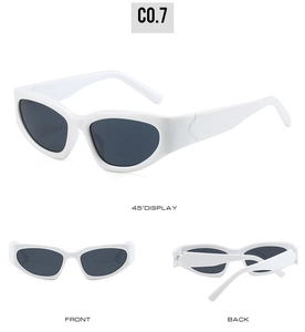 Vues détaillées de lunettes de soleil œil-de-chat blanches avec angles de face, 45° et arrière