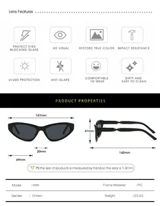 Size guide for Y2K punk cat eye sunglasses showing detailed frame dimensions and UV400 specs