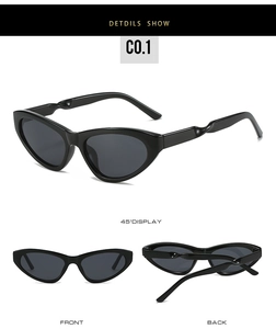 Three-angle view of black cat-eye sports sunglasses with twisted temple design details